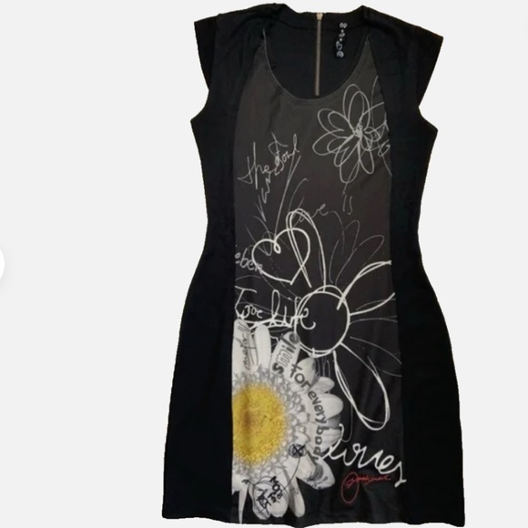 Desigual Women Black Sleveless Zip Dress Printed Round Neck - Ptp 22- Marked xxl - Picture 4 of 9